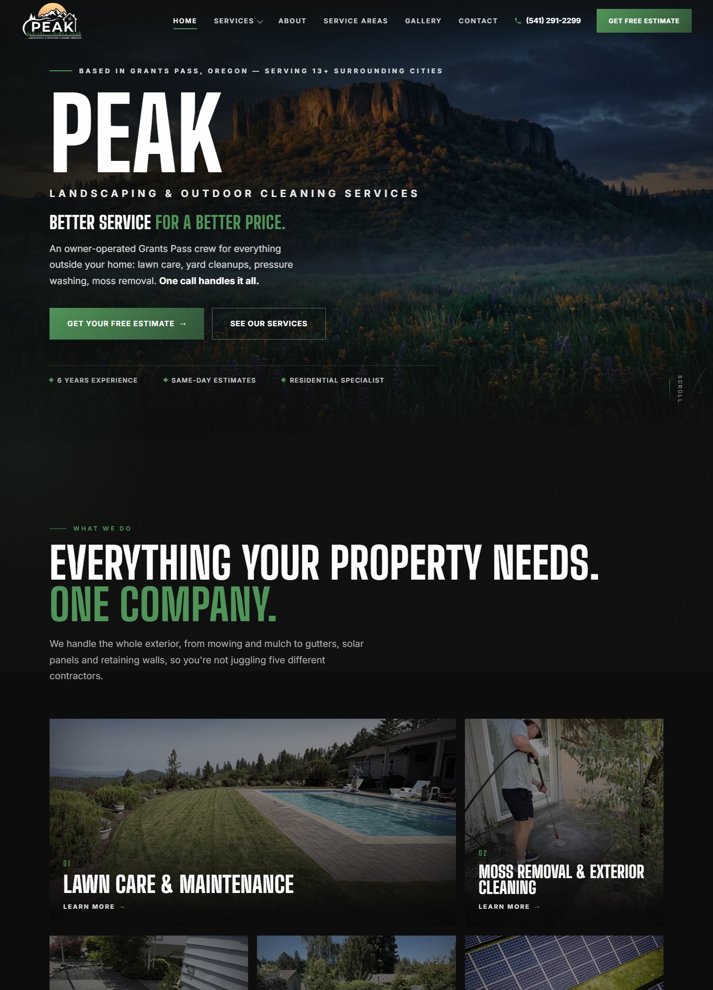 Peak Landscaping and Outdoor Cleaning Services website, desktop view